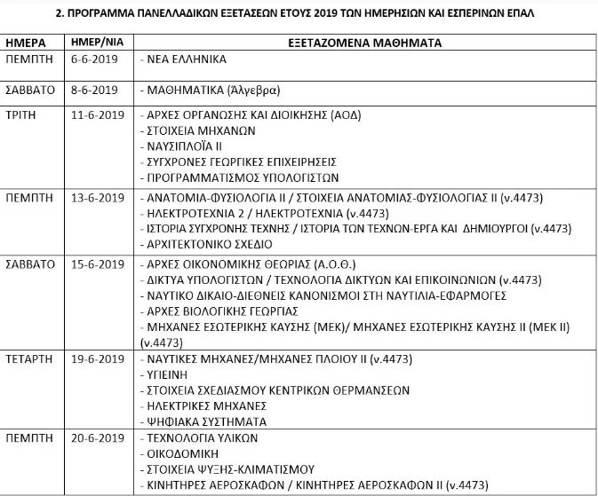 Πρόγραμμα Εξετάσεων ΕΠΑΛ